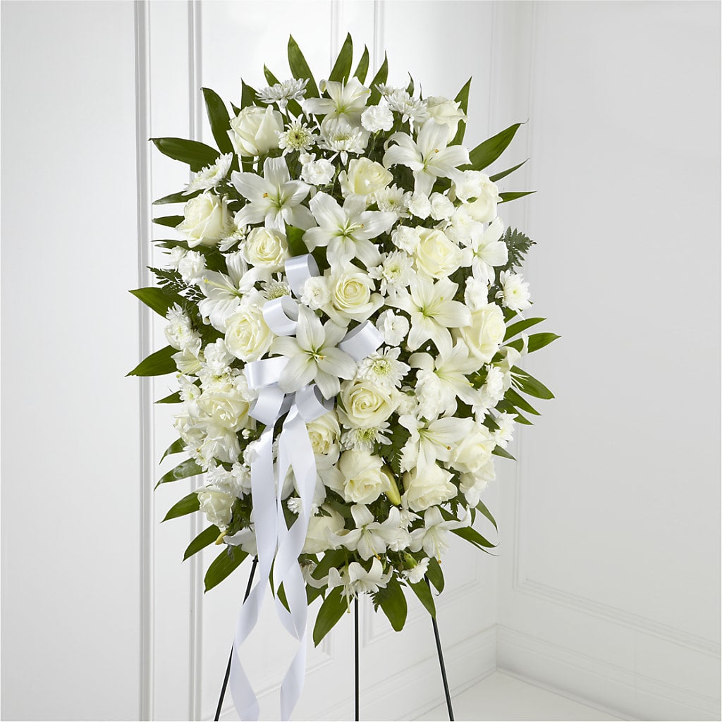 Exquisite Tribute Standing Spray-White Ribbon – TOWN CENTER FLORIST & GIFTS INC, Orlando FL